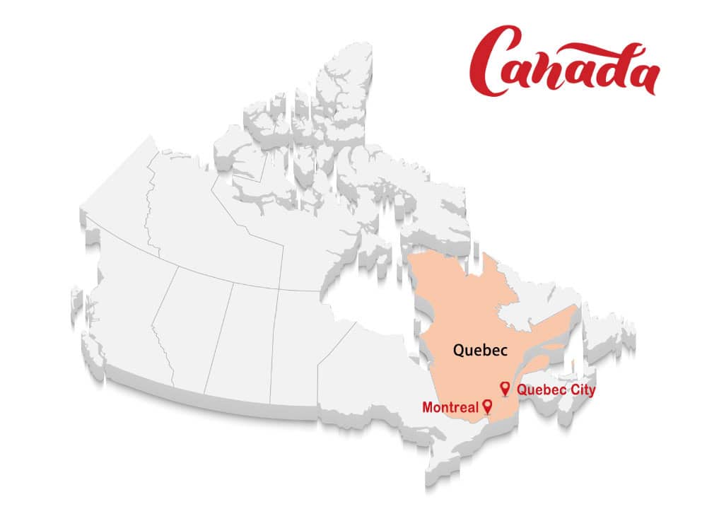 3 alt text: canada map highlighting Quebec, Montreal, and Quebec City for travel and tours.